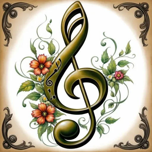 Prompt: a painting of a musical note with flowers and leaves on it's side and a treble on the other side, Anne Stokes, modern european ink painting, highly detailed digital painting, an airbrush painting