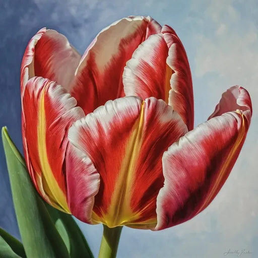 Prompt: Close-up of vibrant American Flag colored tulip, velvety petals, vibrant color, elegant, graceful, arrival of spring, high quality, detailed, realistic, floral painting, vivid colors, soft lighting, elegant symbolism