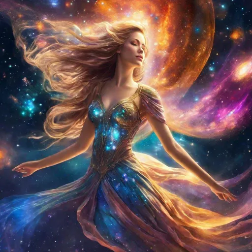 Prompt: Exquisite, sparkling Goddess falling through space, revealing flowing dress, incredible body form, beautiful face, buxom body, nebulae, stars, planets, detailed, highres, glowing, surreal, fantasy, colorful, cosmic, celestial, goddess, flowing, ethereal, detailed, vibrant, heavenly, art nouveau, luminous, graceful, vivid, space opera, best quality
