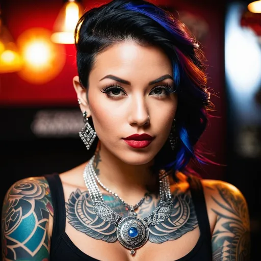 Prompt: A striking portrait of a tattoo artist, showcasing their artistry and creativity in the world of body ink, Inked expressions, Close-up shot focusing on the tattoo artist's face and intricate tattoo designs, Edgy and contrasting lighting reflecting the tattoo parlor environment, Bold and vibrant tones representing the world of tattoo art, Expressive and unconventional mood, Tattoo artist portrait photography, Influenced by the works of Scott Campbell --ar 3:2