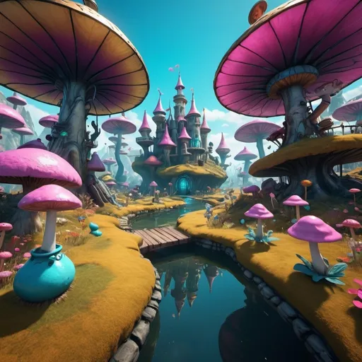 Prompt: FPS game with mature grownup Alice in Wonderland theme, high-tech HUD user interface, futuristic gaming interface, detailed 3D rendering, vibrant and surreal color palette, fantasy landscape, whimsical characters, high-tech gaming environment, detailed textures, immersive gaming experience, futuristic, highres, ultra-detailed, surreal, Alice in Wonderland, FPS game, vibrant colors, high-tech HUD, whimsical characters, detailed 3D rendering, immersive gaming experience