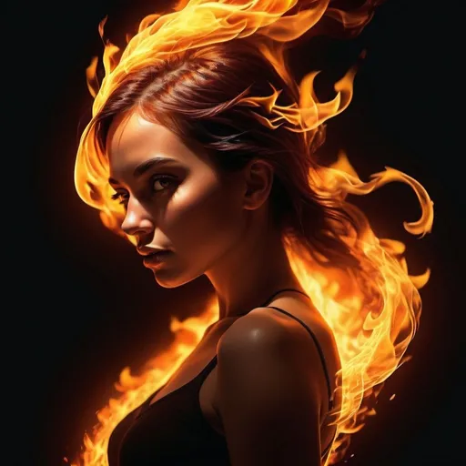 Prompt: High Resolution, photorealistic, sleek illustration of a girl made of fire, swirling flames, fiery silhouette, high-contrast, high-res, 4d design, abstract, fiery tones, sleek lines, stylish, intense lighting