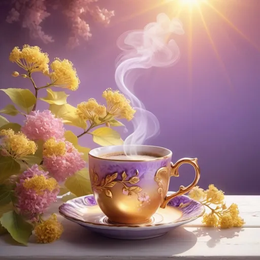 Prompt: background - the embrace of the summer sun, in the foreground - golden linden flowers, fingers grasping, a beautiful delicate romantism time mug with steaming coffee, the whole picture radiates a glowing feeling of happiness, rococo romanticism wrapped in soft purple and pink smoke. concept art, painting, 3D rendering, product