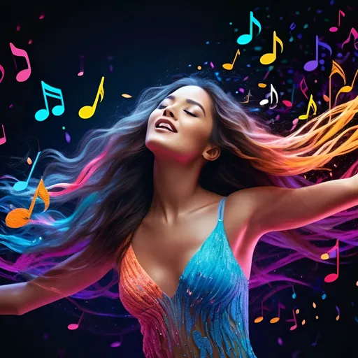 Prompt: 3D render of a woman with long flowing hair made of cascading musical notes, each note releasing a burst of vibrant color. Around her, ethereal particles of neon hues move, capturing the essence of a musical symphony in a visual spectacle.