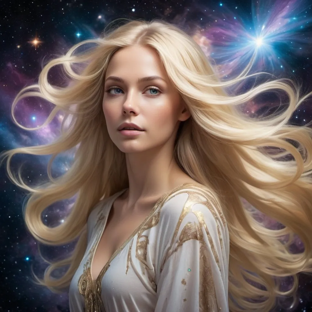 Prompt: Galactic Goddess, long flowing blond hair, swirling galaxies, celestial phenomena, cosmic essence, shimmering blond hair, celestial beauty, powerful presence, cosmic atmosphere, cosmic lighting, otherworldly radiance, highres, ultra-detailed, ethereal, fantasy, cosmic colors, cosmic lighting, mystical