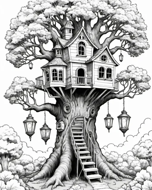 Prompt: A magical treehouse nestled high in a giant oak tree with a winding staircase leading up, lanterns hanging from branches, and whimsical windows peeking out from the tree trunk. A stunning monochrome coloring page. Pure white background, black and white color with no shading, crisp drawing line, extremely high-quality coloring book style, anime style, clean and bold lines, and a high level of detail to give it a clarity and clean appearance. The image is bold, clean, and crisp line art, ink drawing in coloring book style.