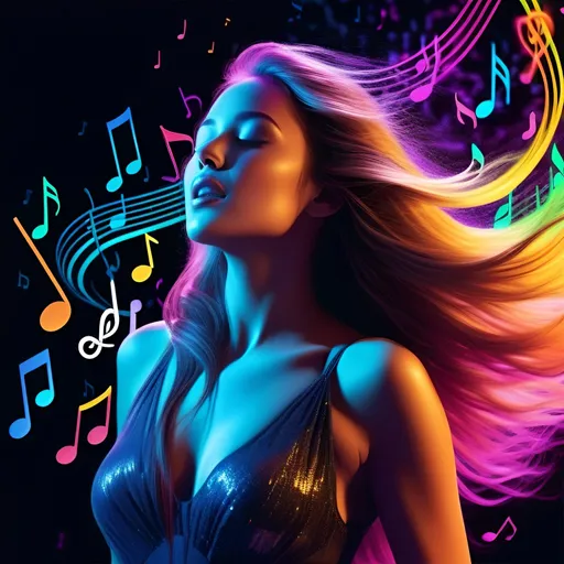 Prompt: 3D render of a woman with long flowing hair made of cascading musical notes, each note releasing a burst of vibrant color. Around her, ethereal particles of neon hues move, capturing the essence of a musical symphony in a visual spectacle.