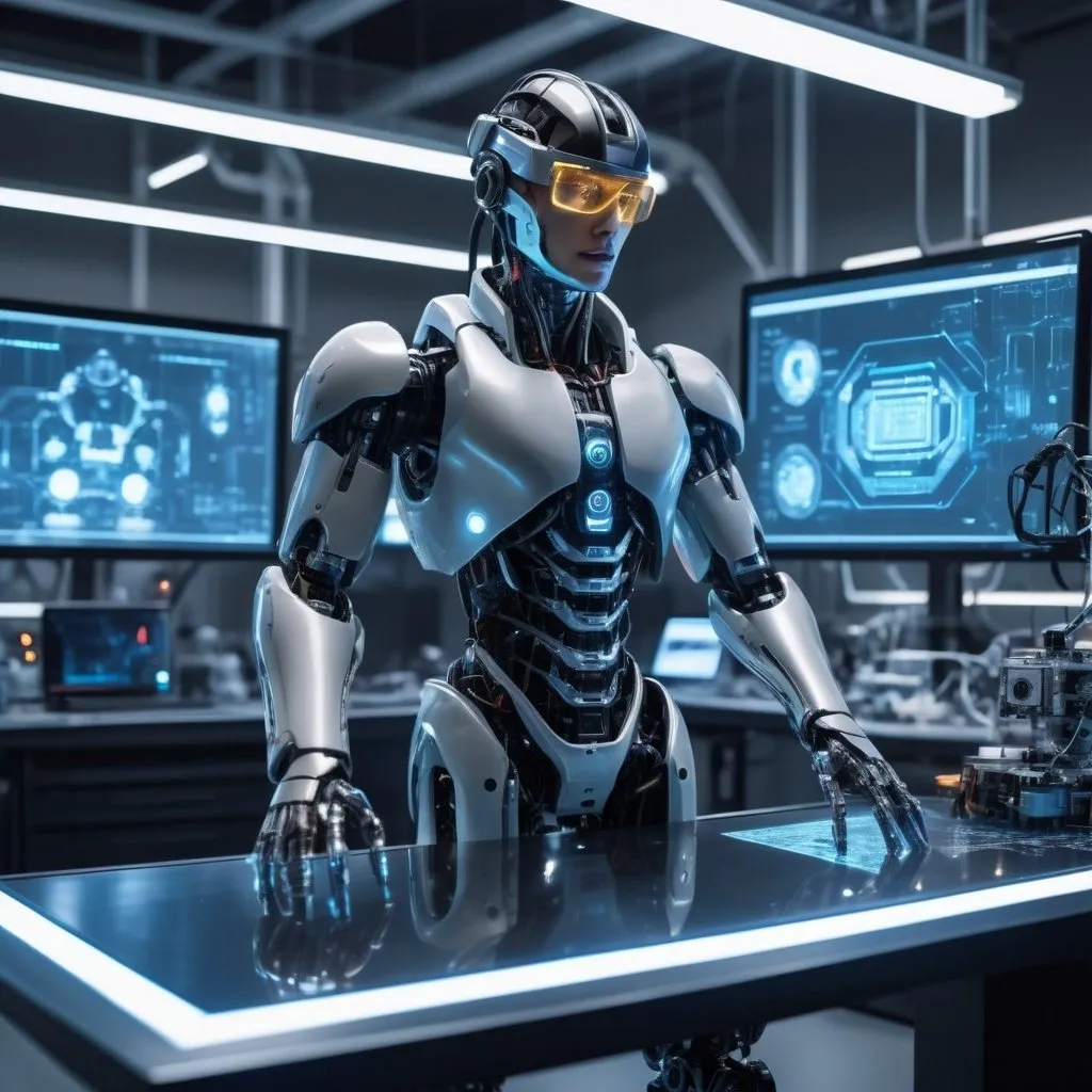 Prompt: Cybernetic engineer in a futuristic lab, surrounded by advanced robotics, holographic displays, neon lighting reflecting on metallic surfaces, detailed workbench with high-tech tools, focused gaze, realistic textures of circuitry and steel, dynamic composition, high-resolution, sci-fi innovation theme, 4k --ar 1:2 --s 110