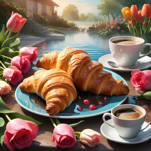 Prompt: Plate of croissants and coffee, fantasy art, summer morning dew, swimming party, full-color airbrushed, beautiful mattepainting, roses, tulips, splashing water, morning, brush stroke rendering, beautiful lighting, high quality, fantasy, summer, vibrant colors, detailed textures, warm lighting