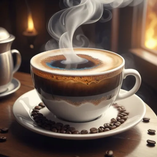Prompt: Fantasy themed in cup of coffee with steam rising dreamlike and whimsical. 
 Surrealism. Photorealistic. HDR. UHD. 8K 