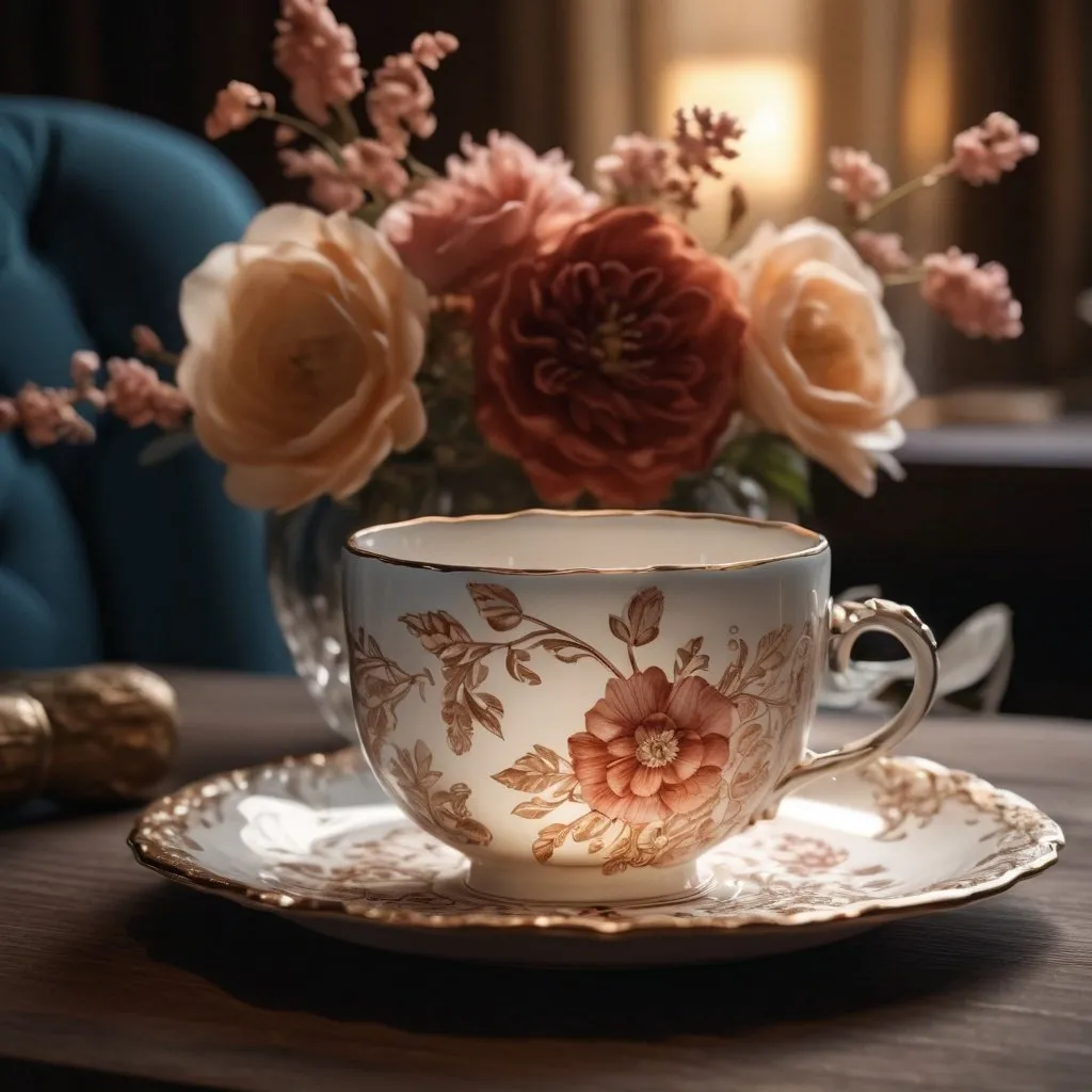 Prompt: Beautiful, elegant, intricate coffee cup, porcelain material, delicate floral patterns, high quality, detailed, realistic, elegant, vintage, warm tones, soft lighting