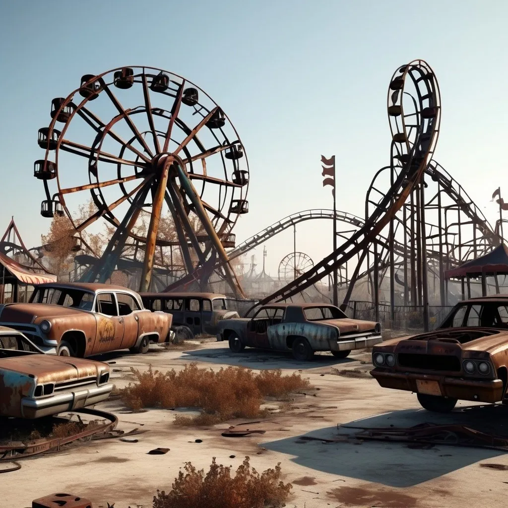 Prompt: A wasteland scene featuring a rusted-out amusement park, with crumbling rides, twisted metal, and a haunting reminder of a lost era. --ar 3:2