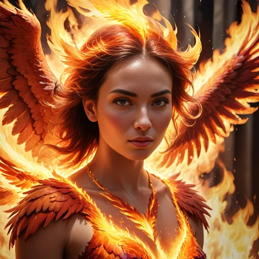 Prompt: Beautiful woman as a fierce phoenix rising from the ashes, resilient flames, close-up, dynamic lighting, vibrant, photorealistic art, 16:9, highres, ultra-detailed, dynamic, fiery colors, intense lighting, digital painting, phoenix, vibrant flames, dramatic composition, detailed feathers, professional photography, dynamic lighting