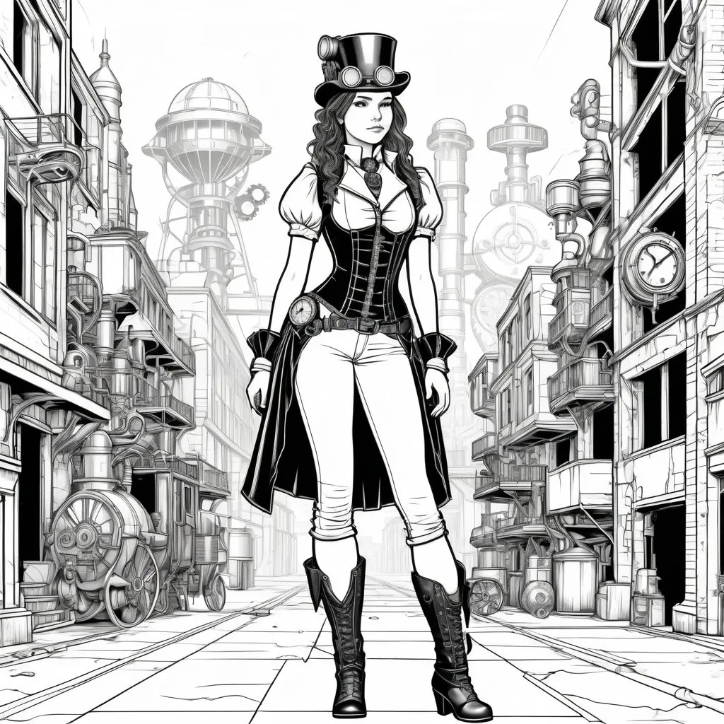 Prompt: B&W coloring book page, steampunk 16 year old girl standing in an urban setting, line art, solid white background