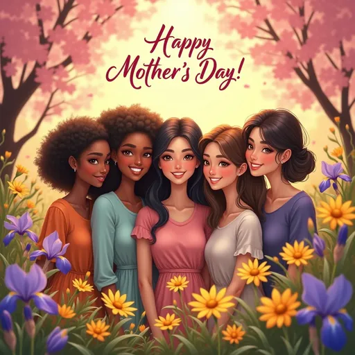 Prompt: Imagine a stunning, high-resolution photorealistic scene filled with  5 mothers of diverse races and ages, each one radiating warmth and love. They stand together among a vibrant tapestry of blooming flowers—soft pink cherry blossoms, sunny yellow daisies, and deep purple irises—all intermingling to create a lush, enchanting garden. The sun filters through the petals, casting a soft, golden glow over the scene, accentuating the gentle smiles and tender embraces. Their expressions convey a deep sense of connection and celebration, encapsulating the essence of motherhood. Above this joyful gathering, the heartfelt words "Happy Mother's Day!" are elegantly woven into a garland of flowers, harmoniously blending with the scene. This artwork embodies both tenderness and celebration, perfect for a loving tribute.