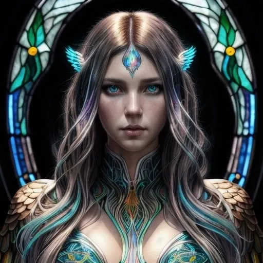 Prompt: Eagle lady with flaming wings, bioluminescent fantasy portrait, highly detailed digital painting, flowing hair, beautiful eyes, sharp focus, symmetry, concept art, illustration, stained glass, art by artgerm, greg rutkowski, magali villeneuve, wlop, ilya kuvshinov, vibrant colors, ethereal lighting, fantasy, majestic, art nouveau, best quality, highres, ultra-detailed, concept art, digital painting, bioluminescent, stained glass, vibrant colors, majestic, fantasy, art nouveau, highly detailed, beautiful eyes, symmetry, sharp focus, flowing hair