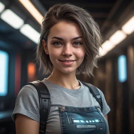 Prompt: Young space woman in t-shirt and jeans, smirking facial expression with one side of her smile upturned, beauriful deep dimpled cheeks, raw photo, photorealistic, high detail, dramatic, UHD, HDR raw photo, realistic, sharp focus, 8K high definition, insanely detailed, intricate, high quality, cyberpunk, dramatic lighting, futuristic setting, urban environment, cool tones