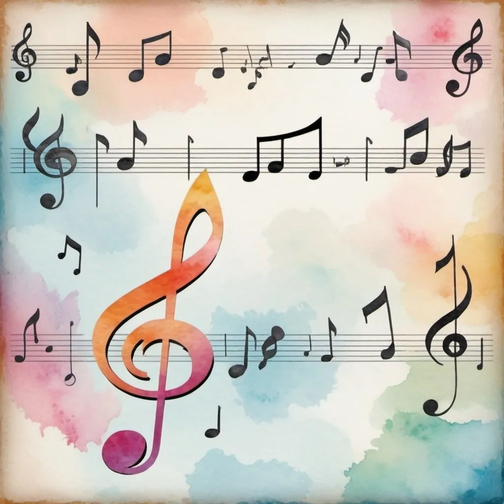 Prompt: Musically themed paper design with notes, lines, clefs, watercolor, pastel, heavenly, tiled