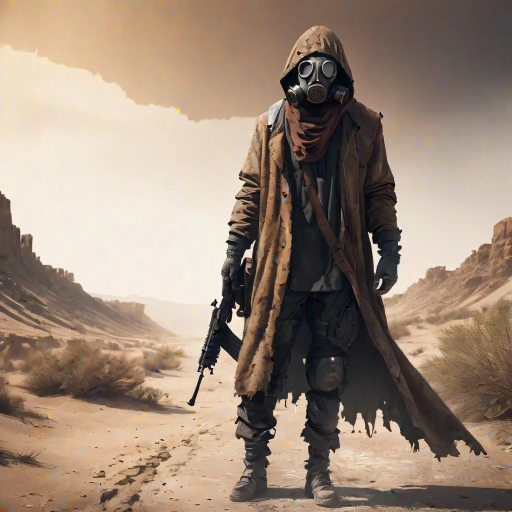 Prompt: Lone wanderer with rifle, desert, tattered cloak, gas mask, resilient, post-apocalyptic, 4k, detailed, intense lighting, warm earthy tones, desolate landscape, detailed textures, professional, gritty