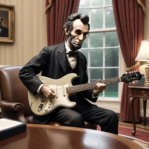 Prompt: Photorealistic Abe Lincoln playing electric guitar in the oval office, highly detailed, old photo, muted colors, Stratocaster guitar, historical, vintage feel, realistic details, professional, professional lighting, vintage, highly-detailed, old photo, muted colors