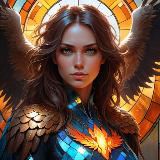 Prompt: eagle lady, flaming wings, fantasy, bioluminiscence, flowing hair, portrait, highly detailed, digital painting, beautiful eyes, symmetry, concept art, sharp focus, illustration, art by artgerm greg rutkowski magali villeneuve wlop ilya kuvshinov stained glass