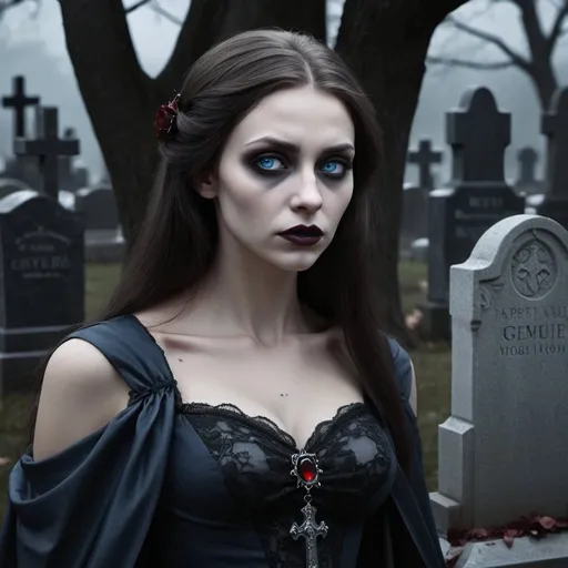 Prompt: Exquisitely beautiful mournful vampire woman, sad blue eyes, dark color scheme, upper torso view, cemetery setting, headstones, grave markers, detailed facial features, high quality, realistic, dark tones, atmospheric lighting, professional