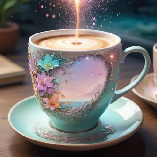 Prompt: insanely detailed gorgeous sparkling pastel coffee cup with one side as pastel blooming nature and other side with pastel ocean, surrounded by glowing illuminated sparkles, Stylized watercolor, iridescent, Fantastical, Intricate, Fantasycore, Scenic, Hyperdetailed, Royo, Bagshaw, Chevrier, Ferri, Kaluta, Minguez, glowing edges, beautiful pastel colors, Mucha, Cina. Cinematic, WLOP