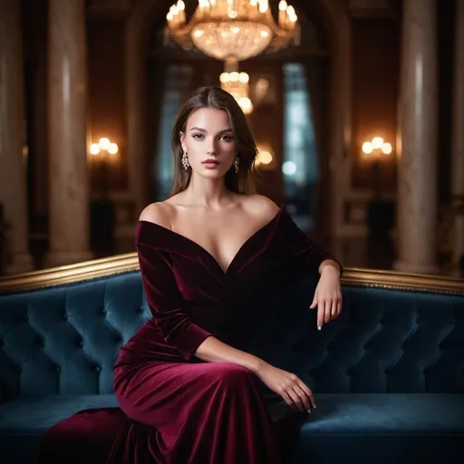 Prompt: Personal portrait of stunningly beautiful fashion model, velvet couch, grand staircase in blurred backdrop, dreamlike lighting, professional photography, elegant pose, high contrast, bokeh effect, fine art, high-end luxury, Hasselblad camera, 100mm lens, F 1.2 aperture, dreamy atmosphere, glamorous, detailed features, best quality, highres, professional lighting