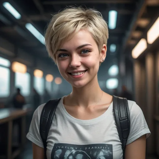 Prompt: Young space blond woman with a short pixie hair style, in t-shirt and jeans, smirking facial expression looking off camera with one side of her smile upturned, beautiful deep dimpled cheeks, pearly white teeth, raw photo, photorealistic, high detail, dramatic, UHD, HDR raw photo, realistic, sharp focus, 8K high definition, insanely detailed, intricate, high quality, cyberpunk, dramatic lighting, futuristic setting, urban environment, cool tones