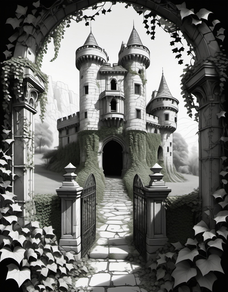 Prompt: An ancient, abandoned castle overtaken by nature, with ivy-covered walls, intricate stonework, and a broken gate. A stunning monochrome coloring page. Pure white background, black and white color with no shading, crisp drawing line, extremely high-quality coloring book style, anime style, clean and bold lines, and a high level of detail to give it a clarity and clean appearance. The image is bold, clean, and crisp line art, ink drawing in coloring book style.