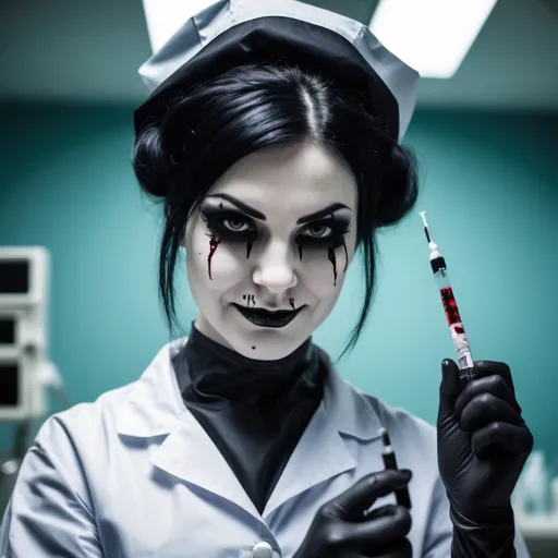 Prompt: Goth nurse in an Operating Room olding a syringe. She is bloody and smirking.