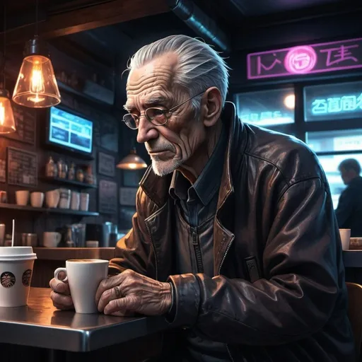Prompt: Detailed anime illustration of an elderly man in a cyberpunk coffee shop, dark and moody lighting, rich color tones, high definition, ultra-detailed, anime, cyberpunk, elderly man, coffee shop, detailed wrinkles, atmospheric lighting, cool tones