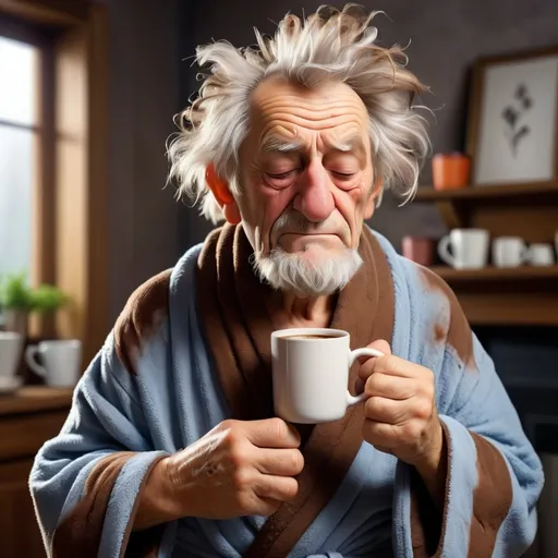 Prompt: Funny sleepy old man holding his first mug of morning coffee.  House robe, messy hair, coffee steaming. 