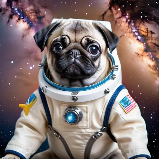 Prompt: create a photo of a small pug puppy dog, in a spacesuit, view from space and spaceship soft bright colours, display milky way galaxy bird eye view in very minute details, very bright and vivid colours.