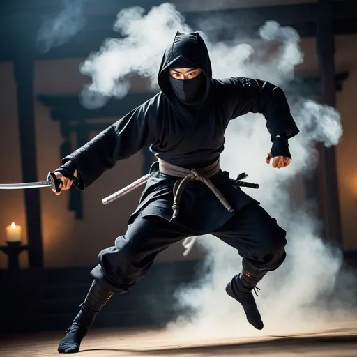 Prompt: Create a photo-realistic image of a ninja leaping through the air with a sword in hand. Use the Nikon D850 DSLR 4k camera with an 85mm lens at F 1.2 aperture setting to blur the background and isolate the subject. The lighting should be dark and dramatic with a hint of smoke in the background. image inspiration like tipseason.com Use the Midjourney v5 with photorealism mode turned on to create an ultra-realistic image that captures the power and agility of the ninja.