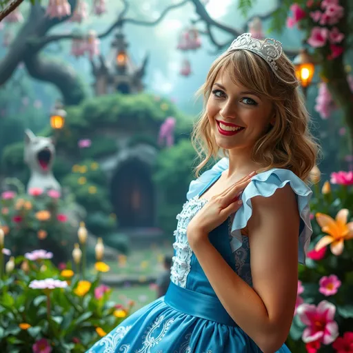 Prompt: (4K scenic view), Taylor Swift as beautiful Alice, joyous expression, vibrant colors, whimsical atmosphere, enchanted wonderland backdrop, lush greenery and exotic flowers, soft ethereal lighting, intricate details in her dress, playful pose, sparkling eyes, dreamlike ambiance, fantasy setting, delightful adventure, magic and curiosity throughout