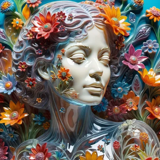 Prompt: A detailed and vibrant transparent glass sculpture of a woman with flowers, intricate details, surreal, colorful background