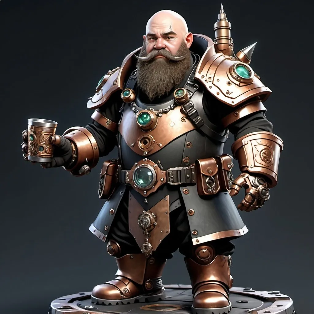 Prompt: Dwarf holding ONE fancy cup of TEA, dredded in advanced steampunk exoskeleton-mech dnd armor with shiny onyx gems embodied in various places, dnd character, steampunk setting, dramatic lighting, black and copper color pallette, hi-tech gadgets, exoskeleton like armor with runes engraved in an unknown dragon language, shaded welding goggles, bald, face dirty from oil and dust, long, luscious beard