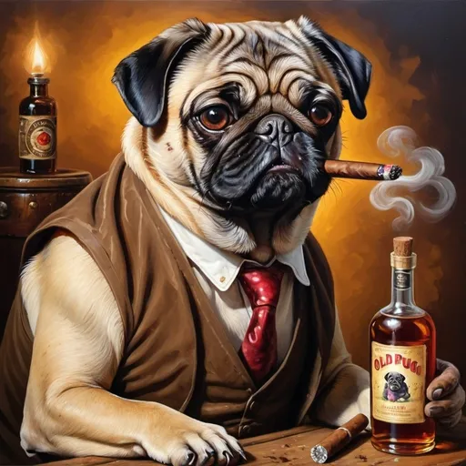 Prompt: Old pug with a cigar, bottle of rum, oil painting, detailed wrinkles, rich colors, professional, warm lighting, high quality