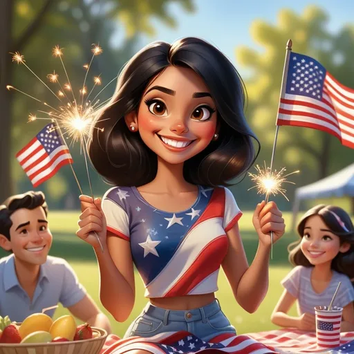 Prompt: Disney-style illustration of a patriotic latina girl with shiney black hair and brown eyes, happy smile, holding an American Flag and a sparkler, sunny family picnic in the background, sunny, vibrant, high-quality, Disney style, patriotic, joyful, detailed facial features,  cheerful expression, American flag, sparkler, family picnic, vibrant colors, professional, outdoor lighting