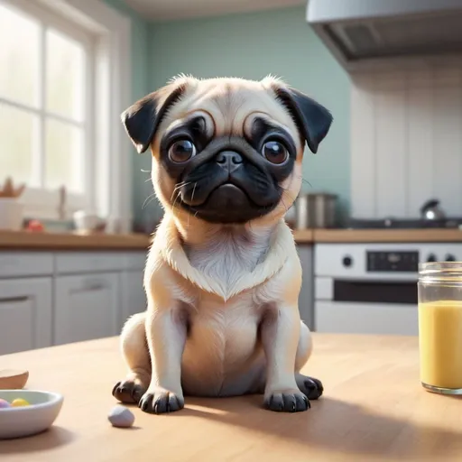 Prompt: tiny cute Pug Puppy on a kitchen table, standing character, soft smooth lighting, soft pastel watercolors, skottie young, 3d blender render, polycount, modular constructivism, pop surrealism, physically based rendering, square image