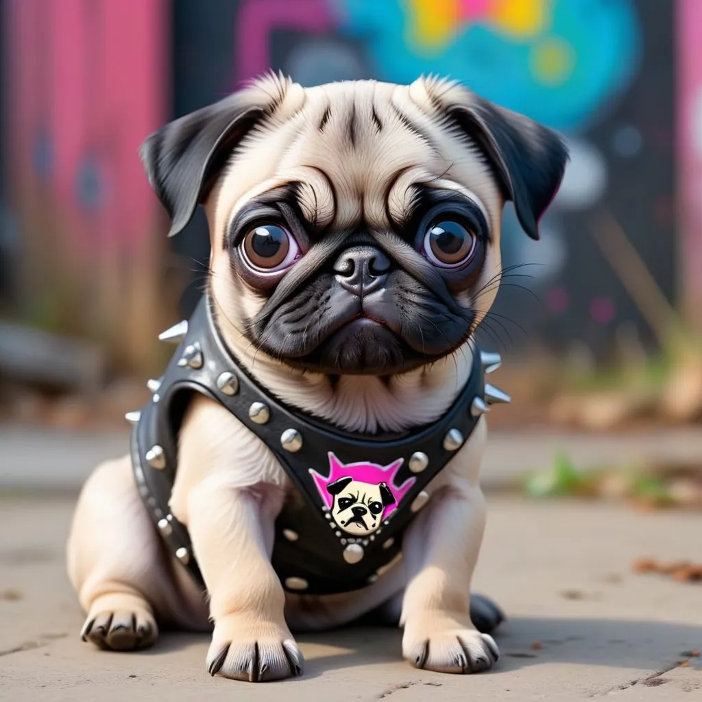 Prompt: pug puppy looking adorable, in punk art style