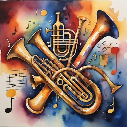 Prompt: Abstract watercolor painting of the musical universe broken up into different dimensions different pictures like a Picasso painting cubic so every differen dimension has different pictures like of brass horn instruments or sheet music with musical notes or different shapes and vivid colors but hidden messages in the painting. Abstract and textured 