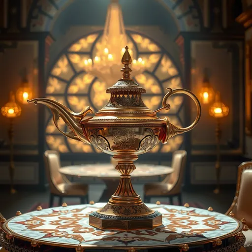 Prompt: (shiny gold Aladin's Lamp), elegant, modern table, intricate details, warm ambient lighting, captivating atmosphere, rich textures, luxurious, inviting ambiance, high-quality visual, ultra-detailed, harmonious blend of classic and contemporary design, showcasing enchantment and allure, creating an atmosphere of magic and wonder.