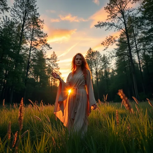 Prompt: The tall muscular 25-year-old beautiful red hair and blue colored eyes, female goddess bodybuilder, very well endowed, wearing shee flowing robes, fingers brushed lightly over the dewy grass; the movement was so gentle that I almost attributed it to the light breeze blowing through the trees far above. The fluttering of the leaves caused the shadows on the forest floor, spawned by the faint sunlight of the approaching dawn, to dance serenely. The sky was dotted with streaks of orange and purple as the sun began to rise above the horizon.