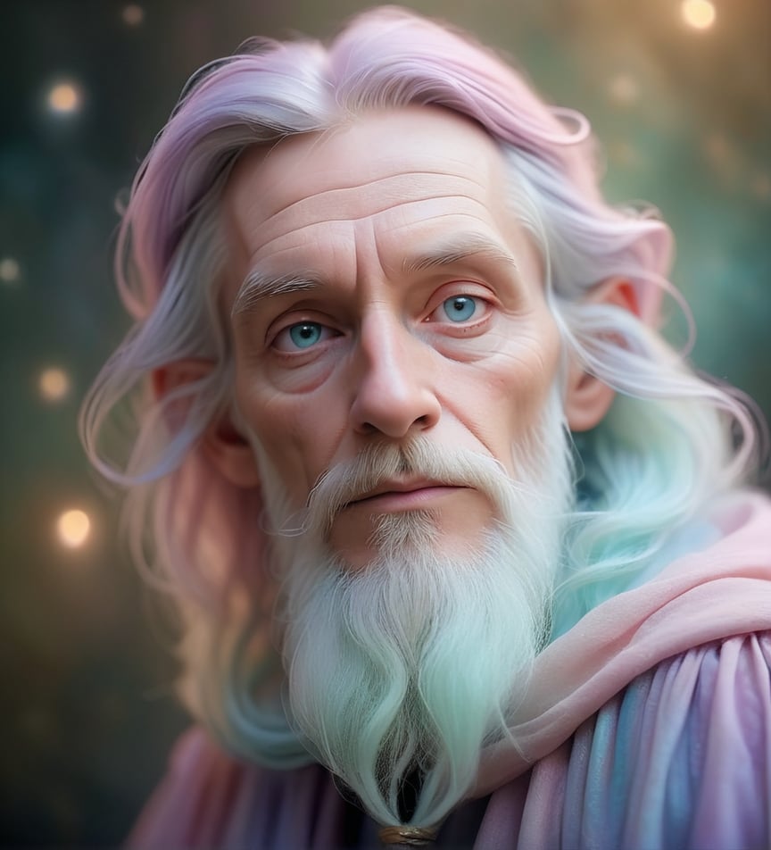 Prompt: Dreamy pastel portrait, wizard, ethereal atmosphere, soft focus