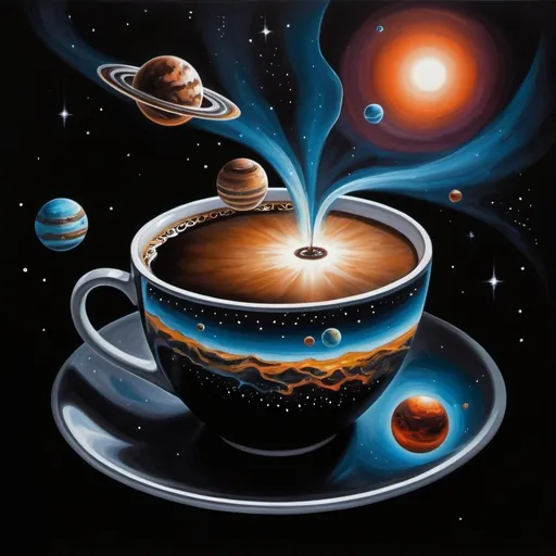 Prompt: (cup of coffee), (surrealist painting), planets floating out of the cup, glowing star in the background, deep black background, cosmic theme, ethereal atmosphere, vibrant color contrasts, dreamlike ambiance, intricate details in planets, fantasy elements, high quality, ultra-detailed.