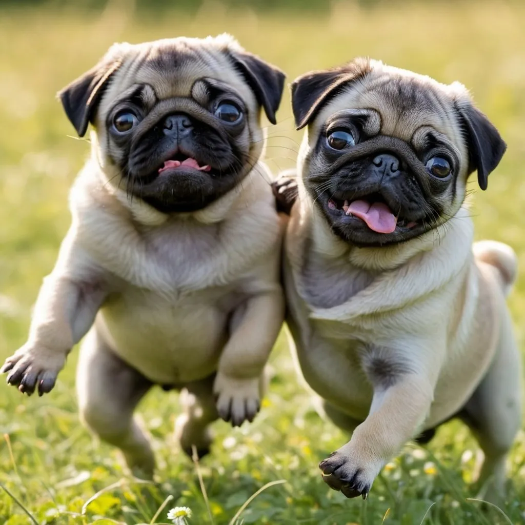 Prompt: Playful Scene of Frolicking Pug Puppies: Capture the pure joy and playfulness of the puppies as they frolic in a meadow. Utilize natural light, fast shutter speed, and burst mode to freeze their adorable antics. Shot with a DSLR camera, using a telephoto lens, f/4, and continuous autofocus. --ar 3:2 --v 5 --q 1