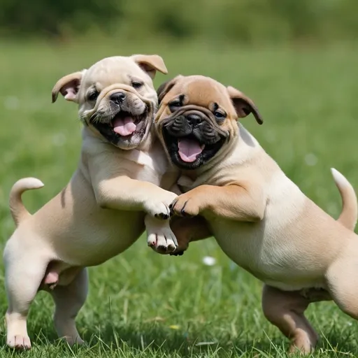 Prompt: Playful Scene of Frolicking Puppies: 20 puppies of many types of breeds such as bulldogs, chow chows, pugs, shepards, Doberman, etc. Capture the pure joy and playfulness of the puppies as they frolic in a meadow. Utilize natural light, fast shutter speed, and burst mode to freeze their adorable antics. Shot with a DSLR camera, using a telephoto lens, f/4, and continuous autofocus. --ar 3:2 --v 5 --q 1