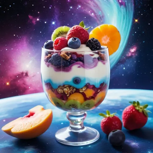 Prompt: Yogurt parfait in space, cosmic theme, vibrant colors, high quality, surrealistic, galaxy background, swirling nebula, sparkling stars, delicious fruits, creamy texture, translucent glass, cosmic atmosphere, best quality, highres, vibrant colors, surrealistic, cosmic, swirling nebula, sparkling stars, delicious fruits, creamy texture, translucent glass, cosmic atmosphere